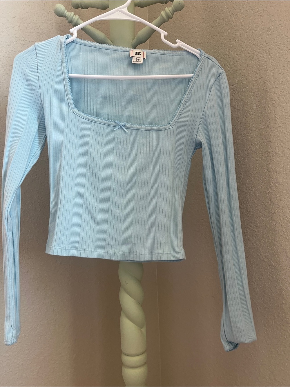 BDG Light Blue Ribbed Square-Neck Long Sleeve Top with Bow